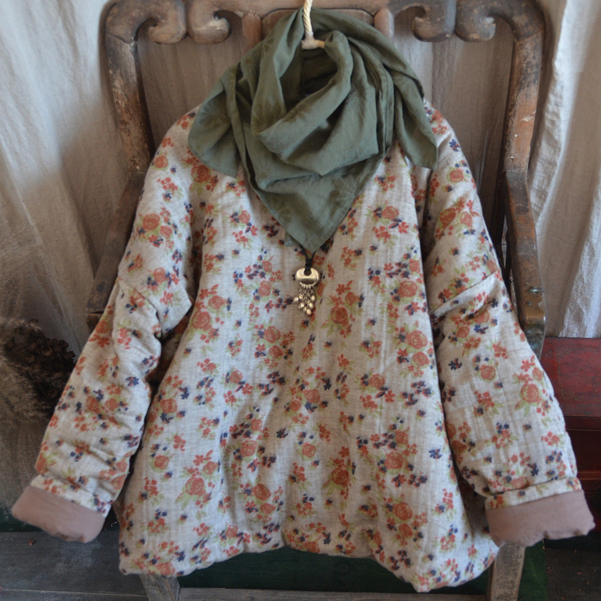 Linen Cotton Winter Women Quilted Pullover with Floral Print, Chinese style Hanfu 250903a