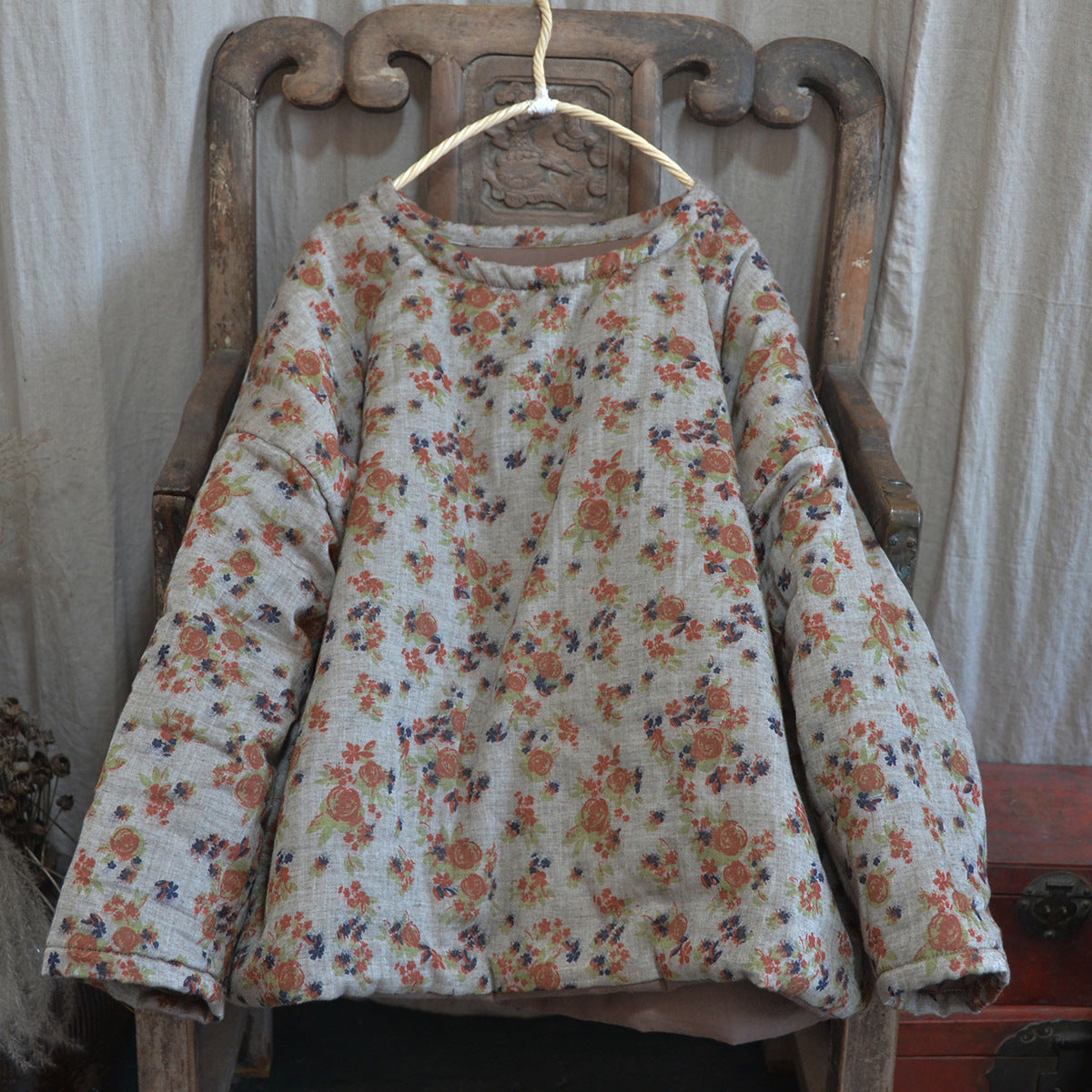 Linen Cotton Winter Women Quilted Pullover with Floral Print, Chinese style Hanfu 250903a