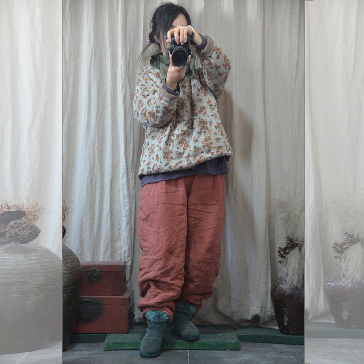 Linen Cotton Winter Women Quilted Pullover with Floral Print, Chinese style Hanfu 250903a