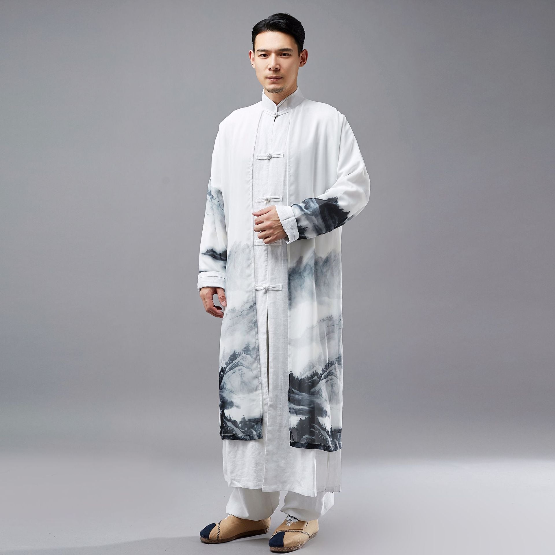 2 in 1 Retro Chinese Men Hanfu Robe with Traditional Buttons and Chiffon Cloak 240713s