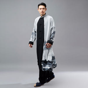 2 in 1 Retro Chinese Men Hanfu Robe with Traditional Buttons and Chiffon Cloak 240713s