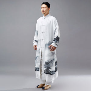 2 in 1 Retro Chinese Men Hanfu Robe with Traditional Buttons and Chiffon Cloak 240713s