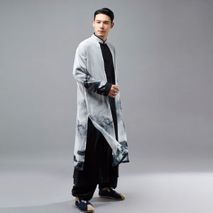 2 in 1 Retro Chinese Men Hanfu Robe with Traditional Buttons and Chiffon Cloak 240713s