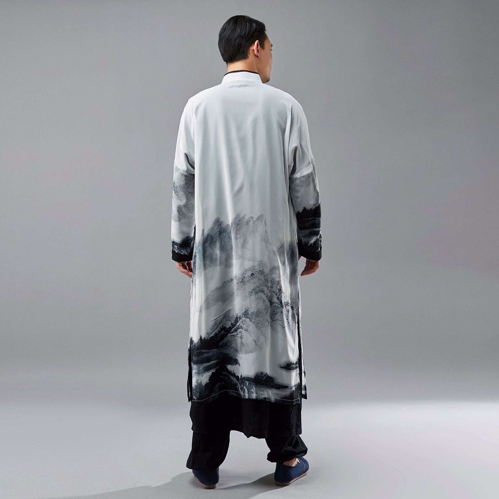 2 in 1 Retro Chinese Men Hanfu Robe with Traditional Buttons and Chiffon Cloak 240713s