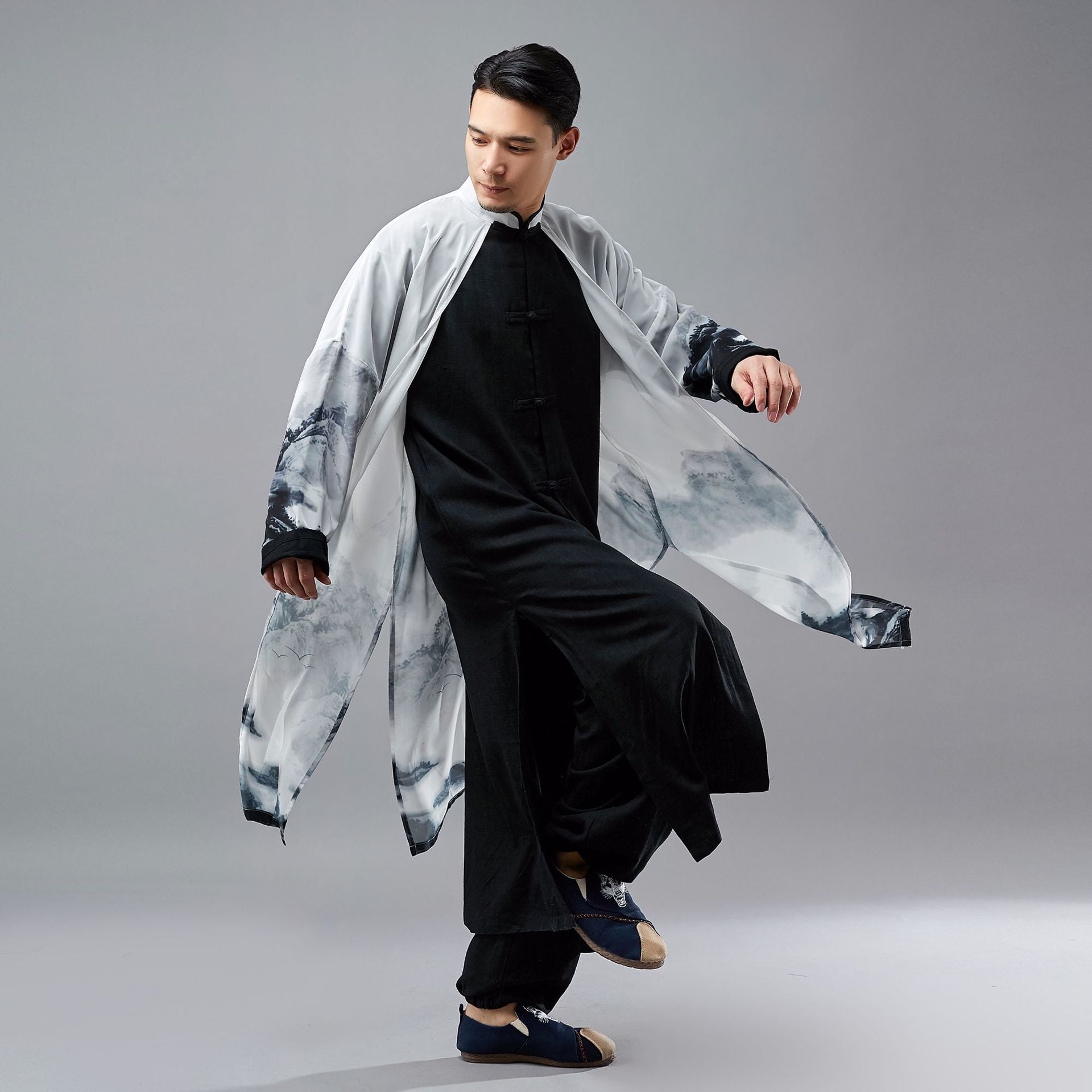 2 in 1 Retro Chinese Men Hanfu Robe with Traditional Buttons and Chiffon Cloak 240713s