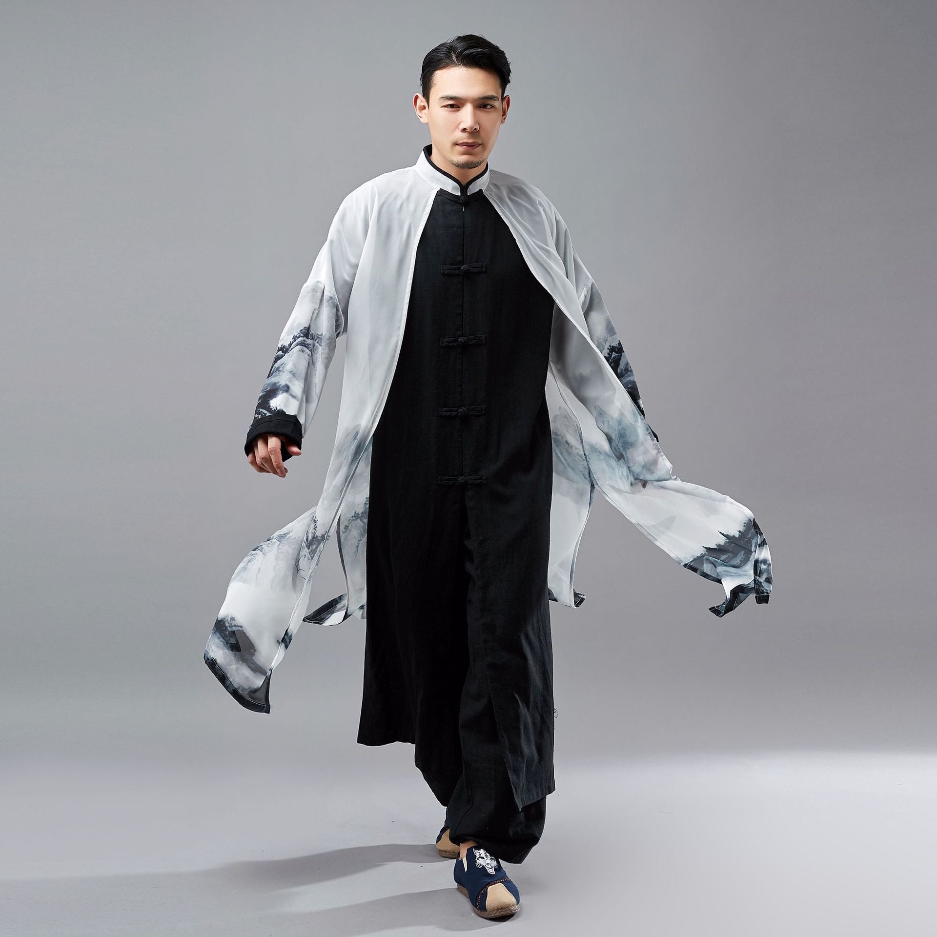 2 in 1 Retro Chinese Men Hanfu Robe with Traditional Buttons and Chiffon Cloak 240713s