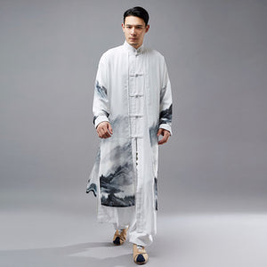 2 in 1 Retro Chinese Men Hanfu Robe with Traditional Buttons and Chiffon Cloak 240713s