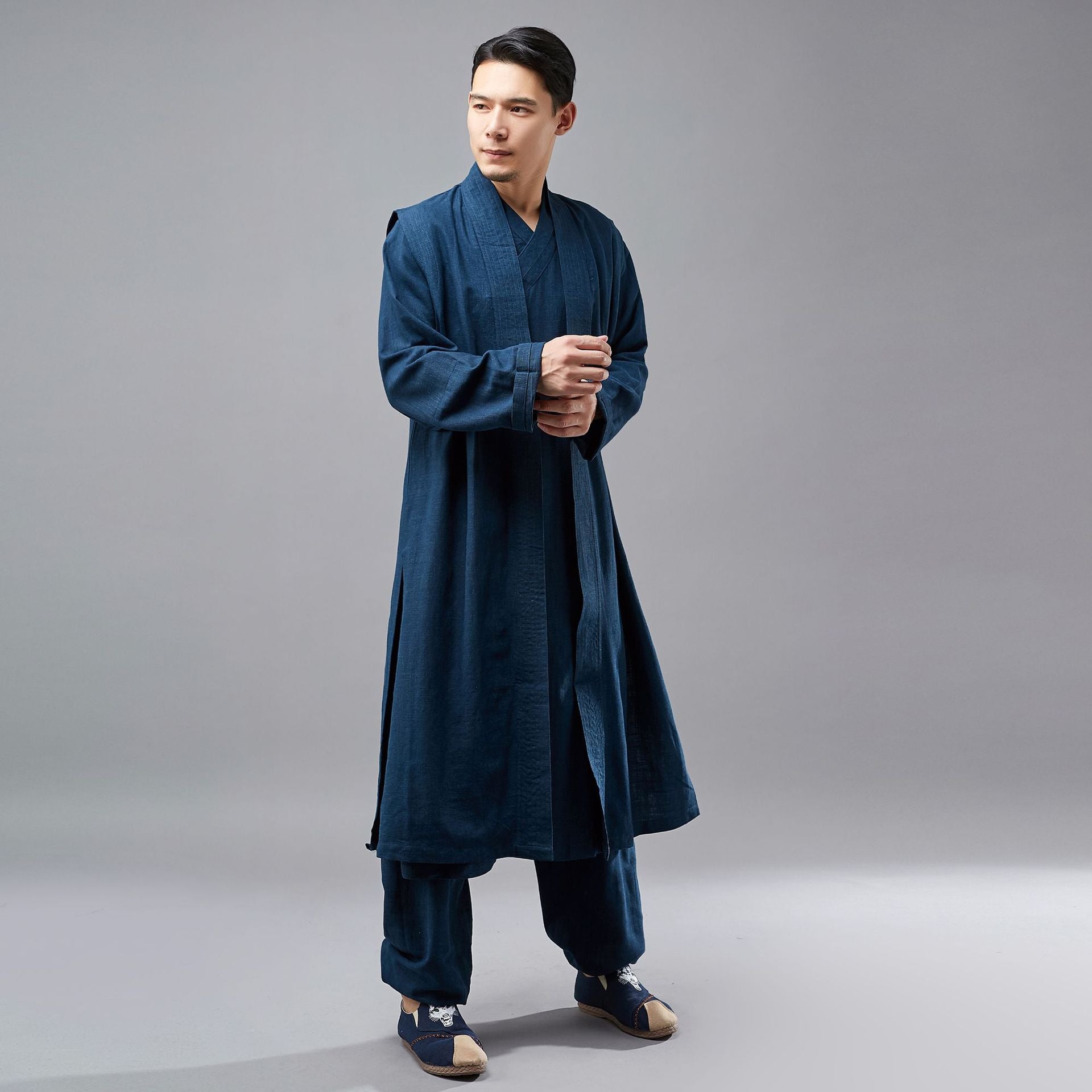 Retro Chinese Men Hanfu Robe, Vest and Pants 3 Pcs Set 240715s