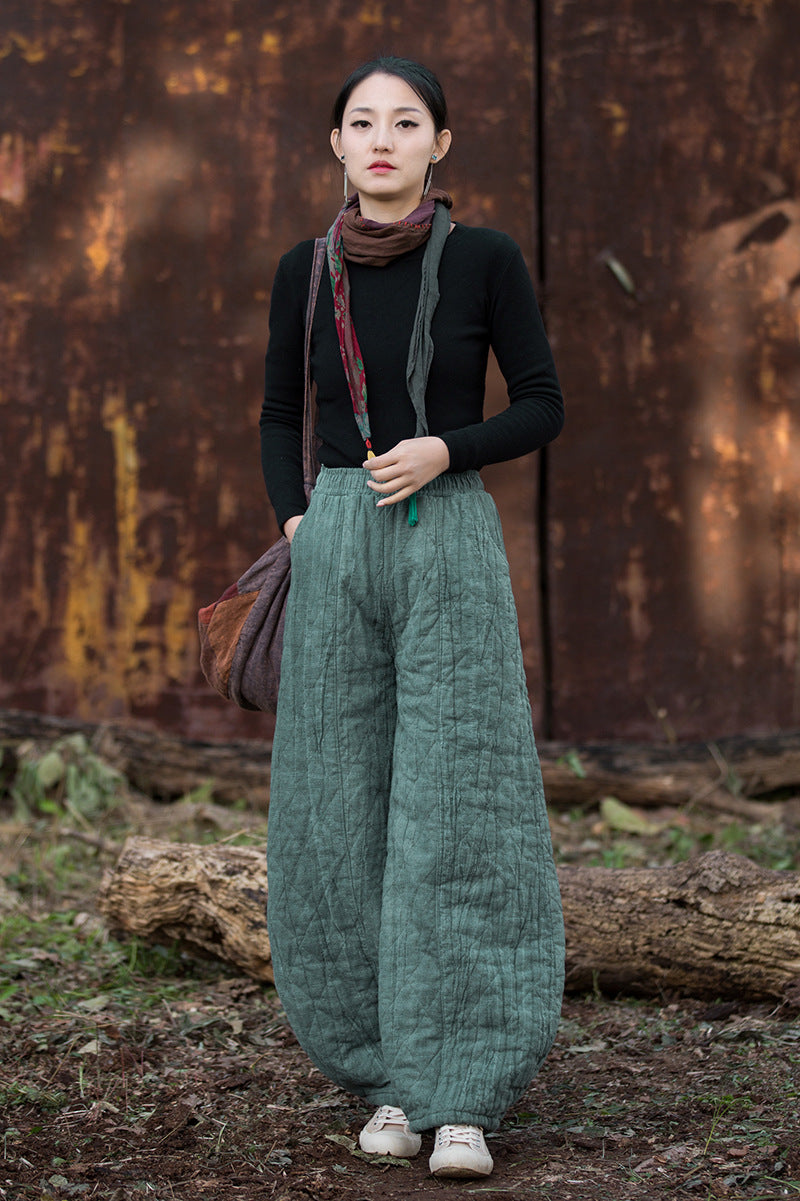 Ramie Linen Cotton Quilted Thick Pants with Pockets, winter women padded pants  251106w