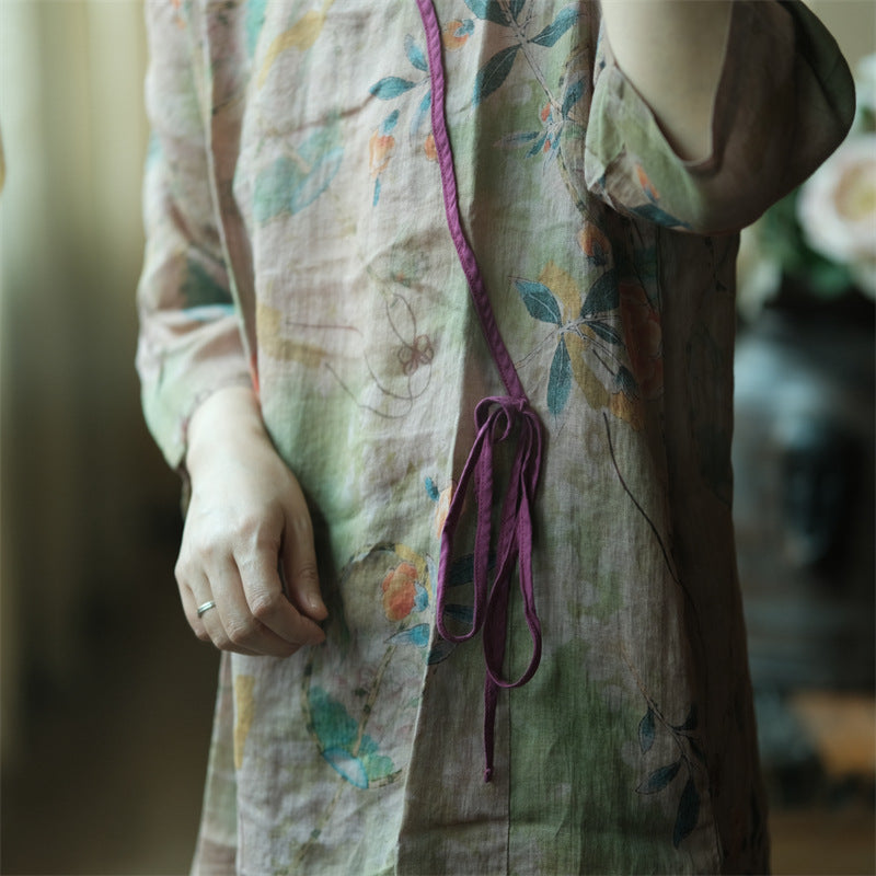 100% Linen Vintage Chinese Women Long Dress with Floral Print, linen women Cheongsam 240050s