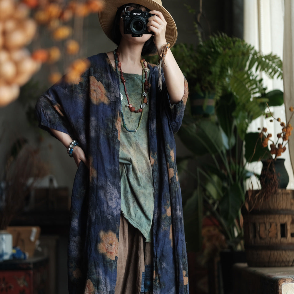 100% Cotton Women Long Blouse with Floral Print and Long Sleeves, summer women blouse 250607s 1959
