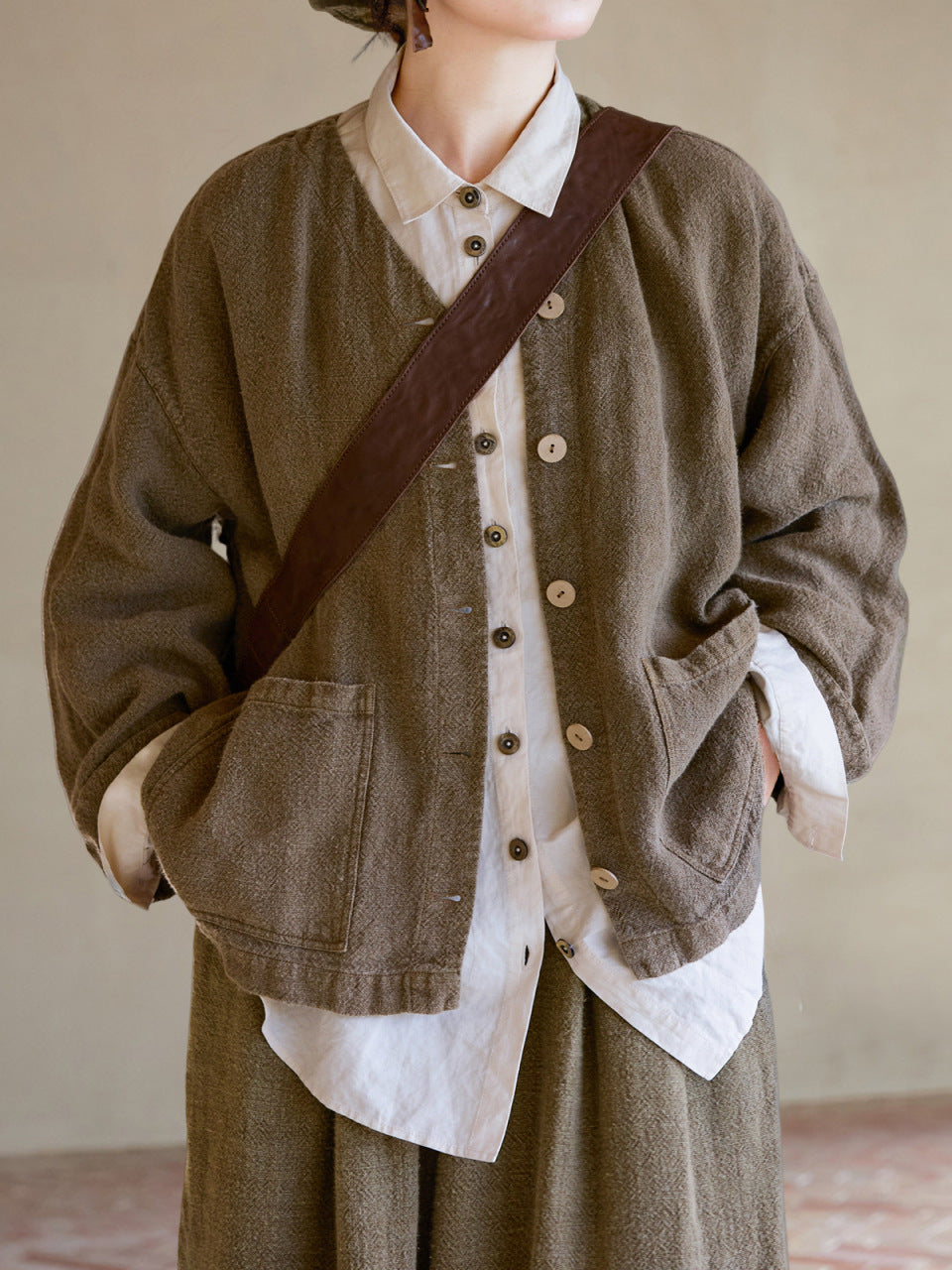 90% Ramie Linen Classic Women Thick Shirt with Pockets 251002w