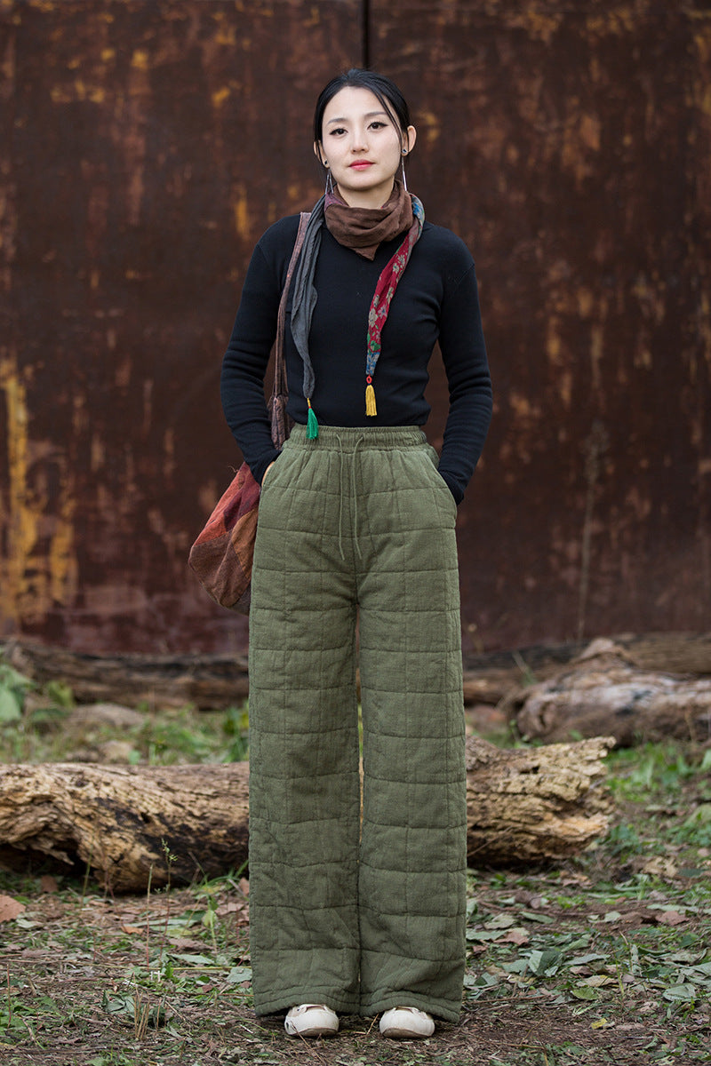 Ramie Linen Cotton Quilted Thick Pants with Pockets & Front Ties, winter women pants 251105w