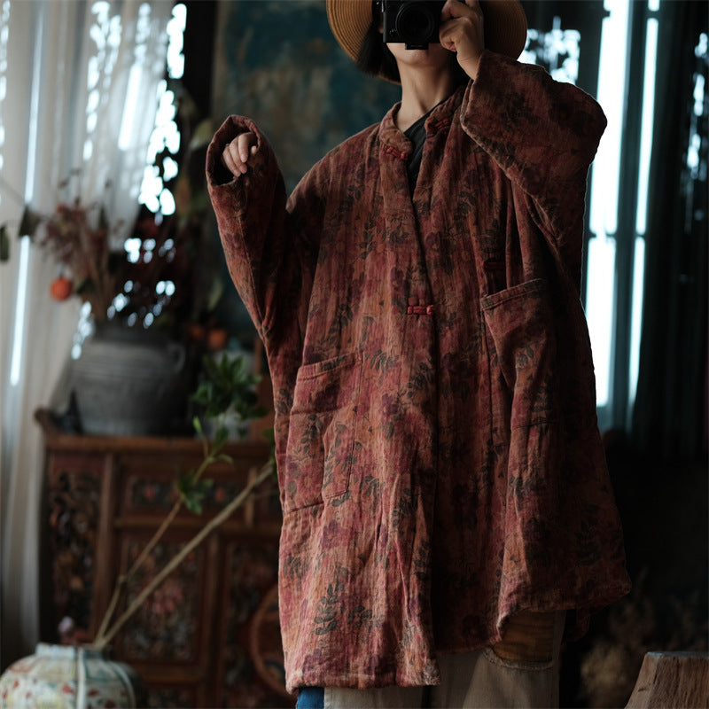 100% Cotton Winter Women Quilted Jacket with Pockets and Vintage Floral Print 250916a 1927