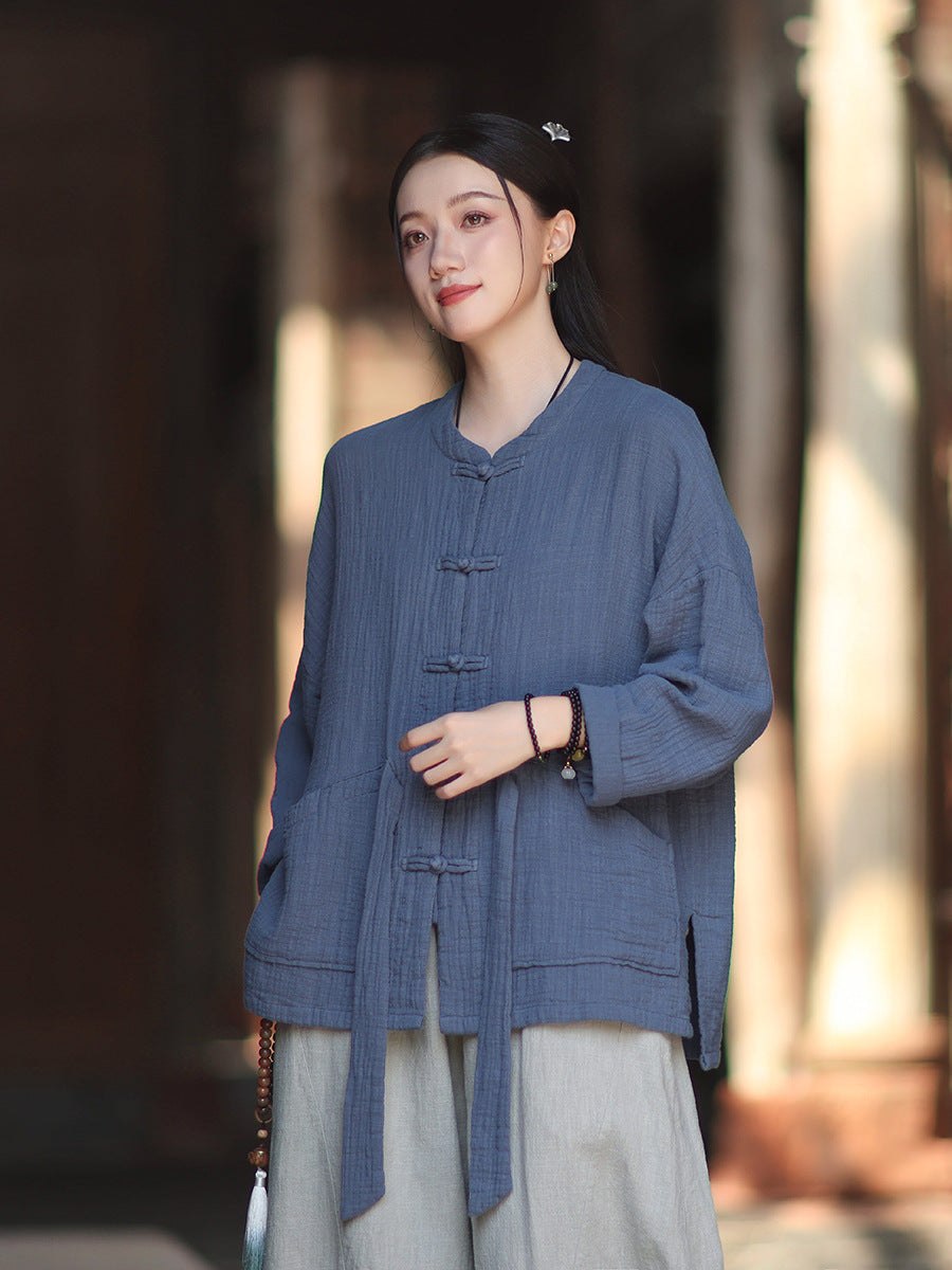 100% Cotton Women Hanfu Shirt with Chinese Traditional Buttons & Pockets 251016w
