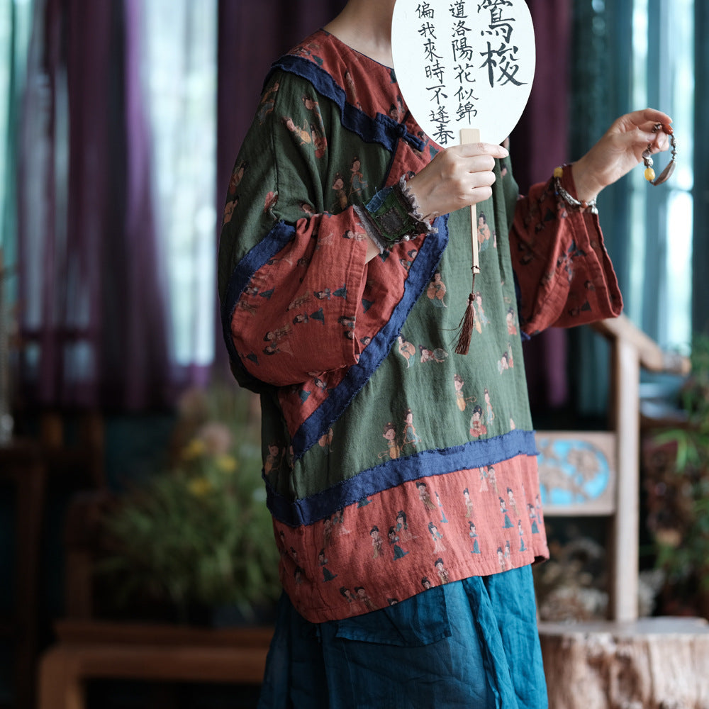 100% Linen Vintage Chinese Women Pullover in Chinese Traditional Style with V Collar, linen women Shirt Jacket 240802s