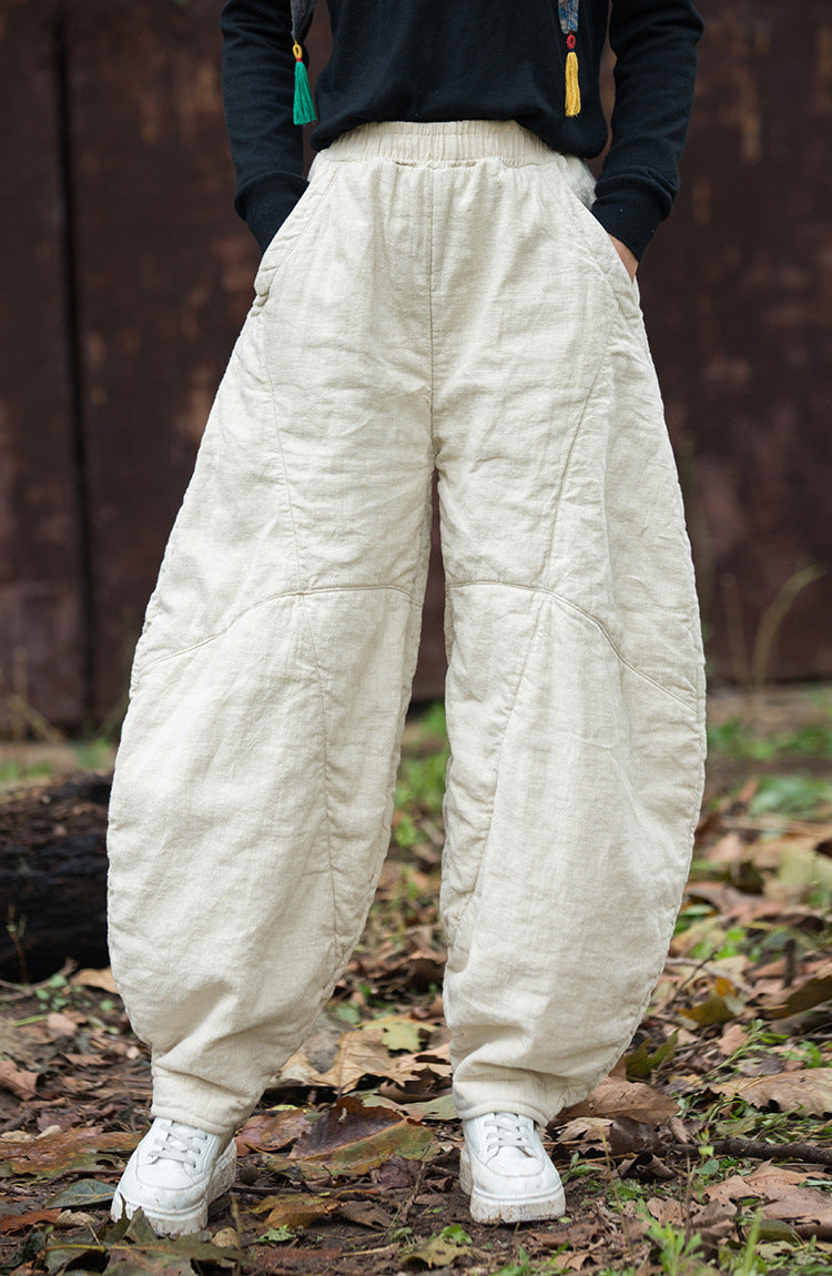 Winter Linen Cotton Quilted Thick Pants with Pockets for Women 241116w