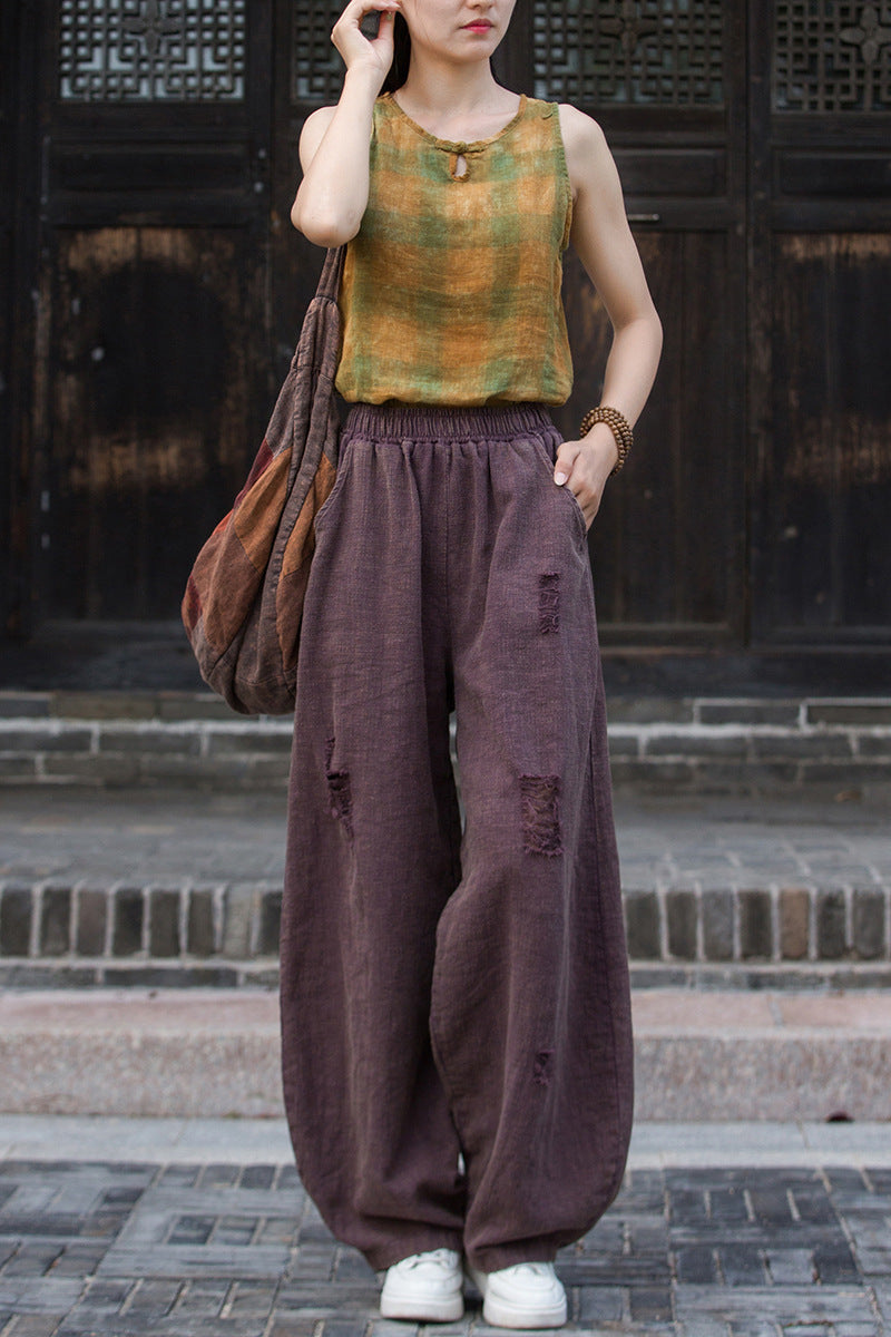 Ramie Linen Cotton Women Pants with Destroyed Look for Tai chi, Linen Wide Leg Pants 250923a