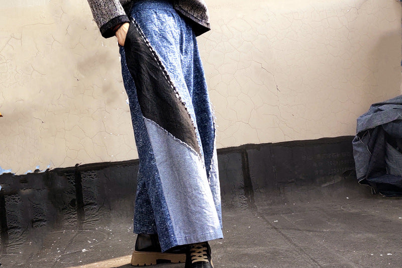 Patchwork Style Designer Jeans Culotte Women in Asymmetric Design, Cropped Pants Women Summer, Wide Leg Pants Linen 231834k
