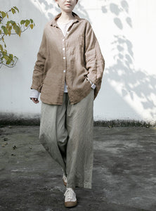 100% Linen Oversize Classic Women Blouse Shirt 250406s
