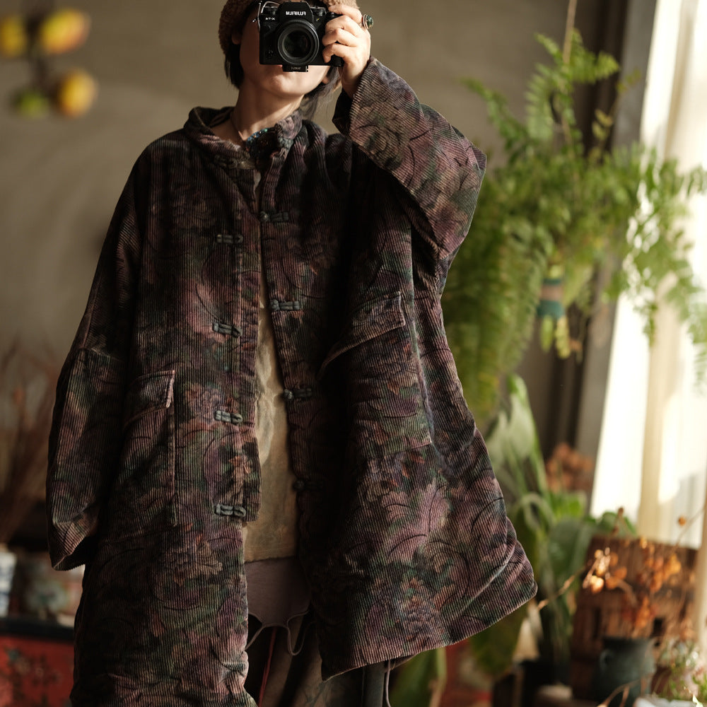 100% Cotton Women Quilted Chinese Long Coat Jacket with Traditional Buttons and Vintage Print 250210w