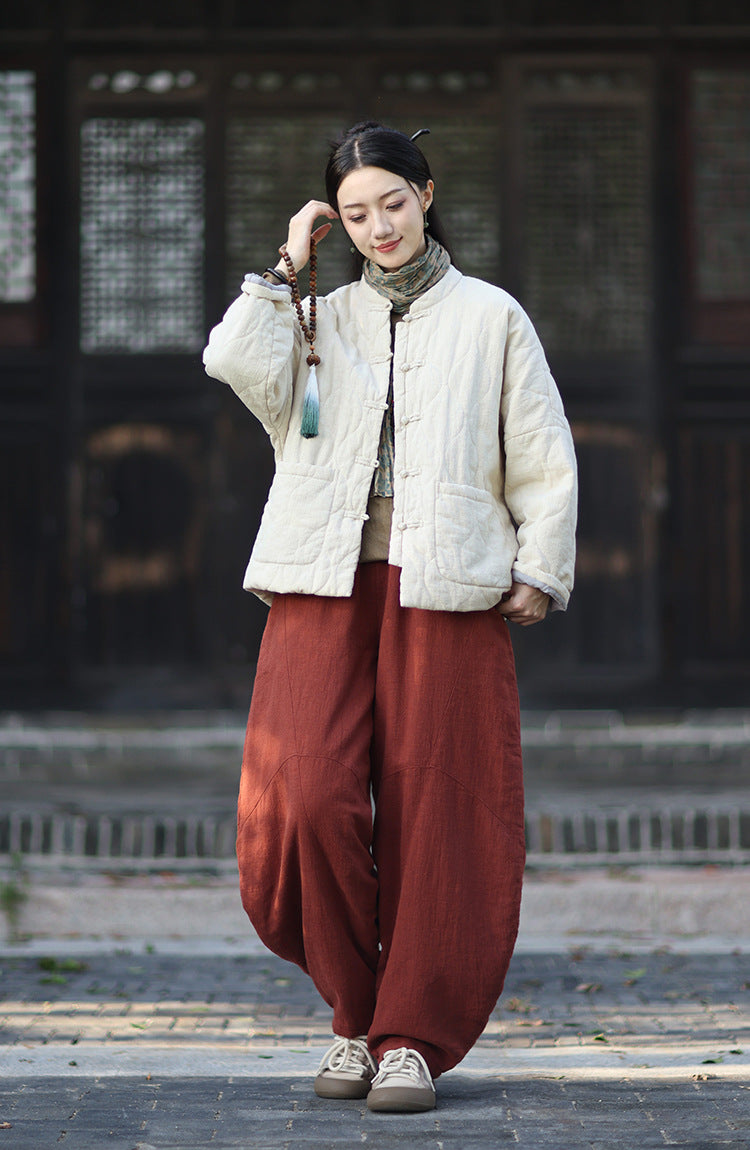 Ramie Cotton Quilted Thick Pants for Women, winter padded pants 251015w
