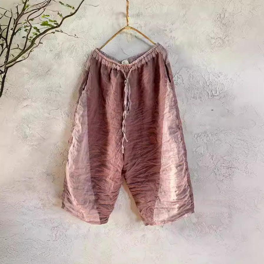 100% Linen Color-blocked Cropped Women Pants with Pockets 250802s 4347