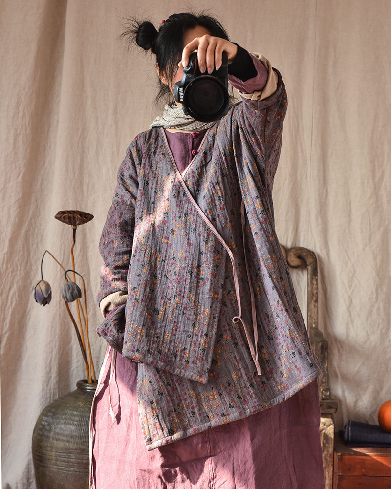 Linen Cotton Cross Collared Autumn Wrap Hanfu with Front-Tie 250905a