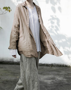 100% Linen Oversize Classic Women Blouse Shirt 250406s