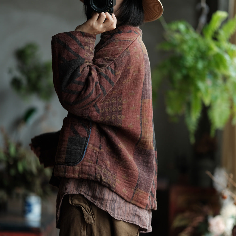 100% Cotton Women Quilted Chinese Jacket with Pockets and Vintage Print 251114w 1791