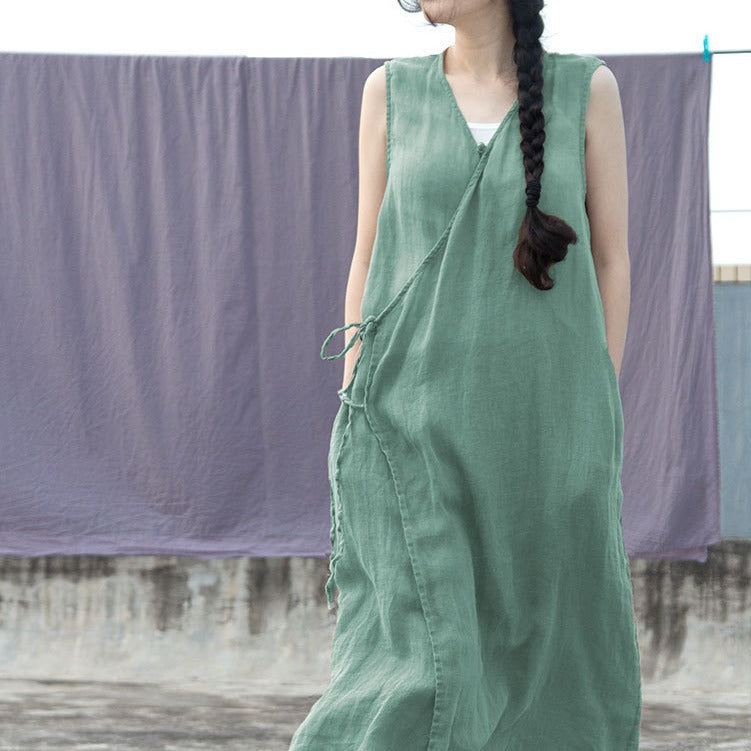 100% Ramie Linen Dress with V Collar and Pockets 240904a