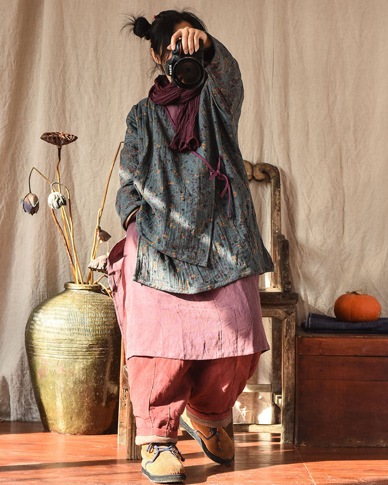 Linen Cotton Cross Collared Autumn Wrap Hanfu with Front-Tie 250905a