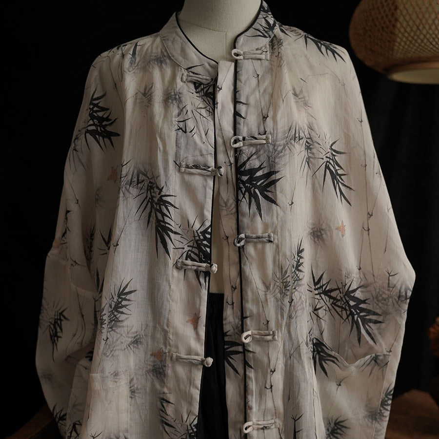 100% Ramie Linen Vintage Chinese Women Long Jacket with Chinese Traditional Buttons and Bamboo Print, linen women Shirt Jacket 241802s