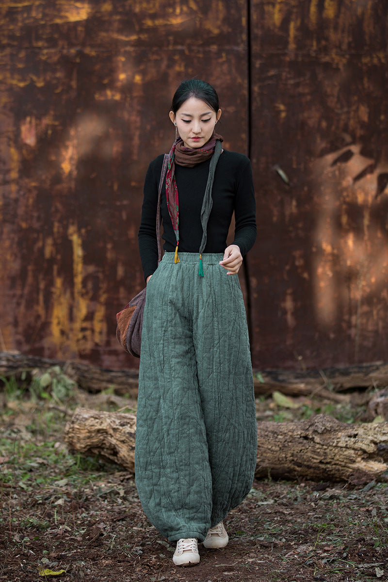 Ramie Linen Cotton Quilted Thick Pants with Pockets, winter women padded pants  251106w