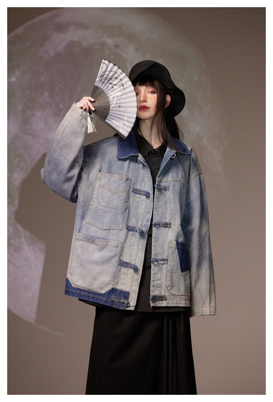 Unisex Retro New Chinese Hanfu Jeans Jacke with Chinese Traditional Buttons und Patchwork 241012w