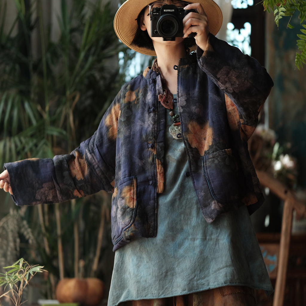 100% Cotton Women Quilted Chinese Jacket with Pockets and Vintage Print 251115w 1791