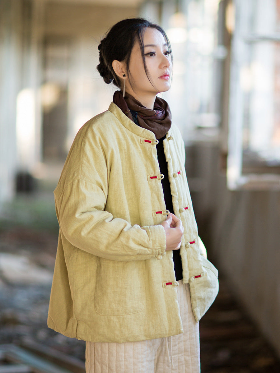 Ramie Cotton Women Quilted Jacket with Pockets & Frog Buttons in Hanfu Style, Chinese style Hanfu 251110w