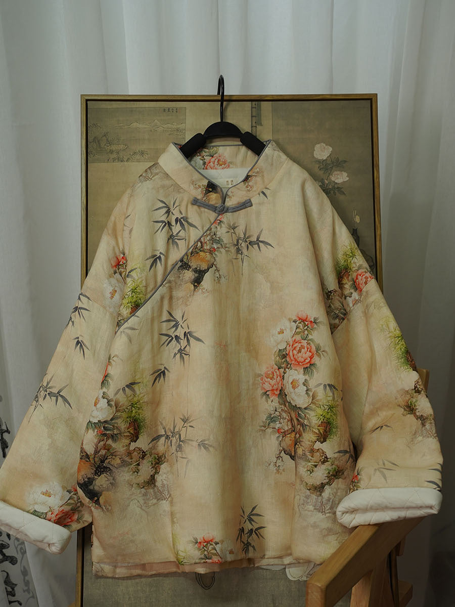 Linen Cotton Winter Women Quilted Jacket in Hanfu Style with Floral Print, Chinese style Hanfu 251027w