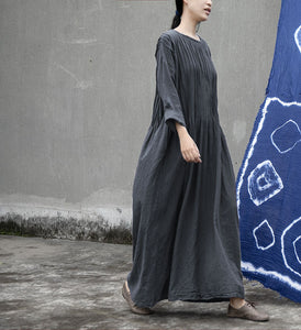 Linen Cotton Cottage Maxi Dress in Loose Form 240905a