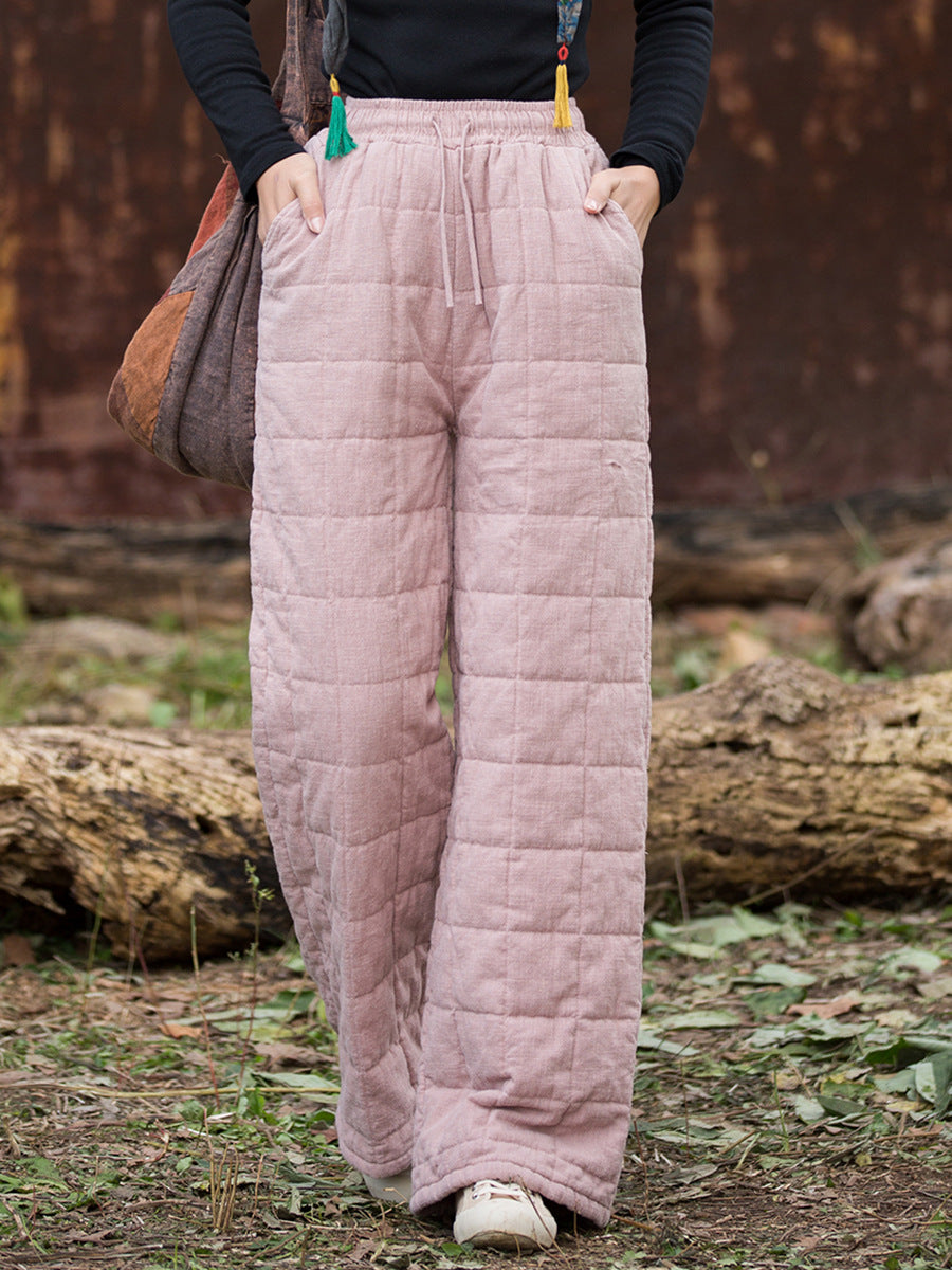 Ramie Linen Cotton Quilted Thick Pants with Pockets & Front Ties, winter women pants 251105w