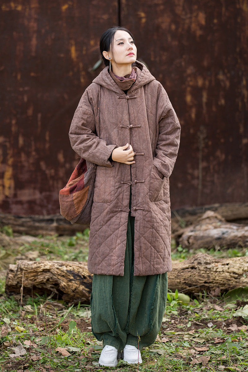 Ramie Linen Women Quilted Hoodie Jacket with Pockets & Frog Buttons in Hanfu Style, Chinese style Winter Padded Coat 251107w