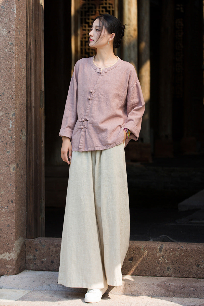 Ramie Linen Women Shirt in Hanfu Style with Diagonal Closure and Frog Buttons 250921a