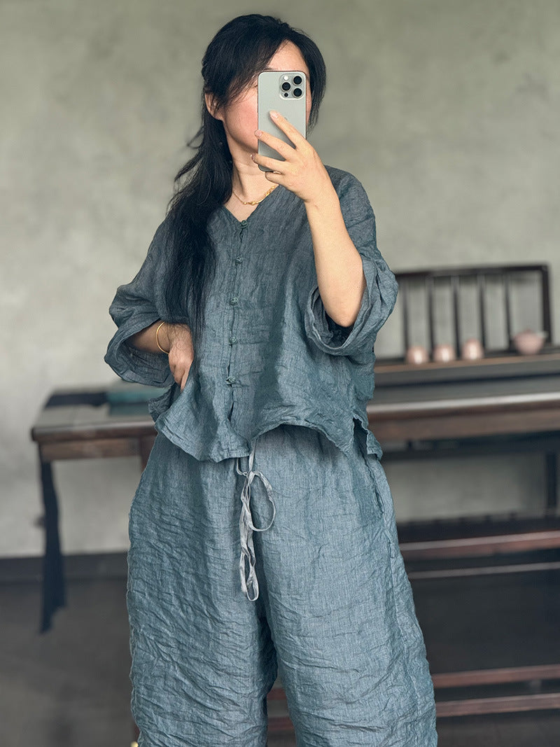 100% Linen Women Shirt with Chinese Traditional Buttons 250803s 4352