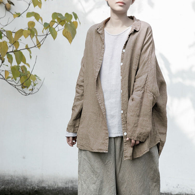 100% Linen Oversize Classic Women Blouse Shirt 250406s