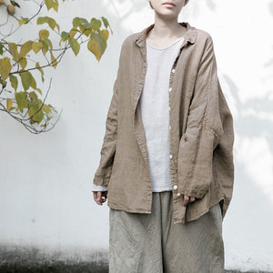100% Linen Oversize Classic Women Blouse Shirt 250406s