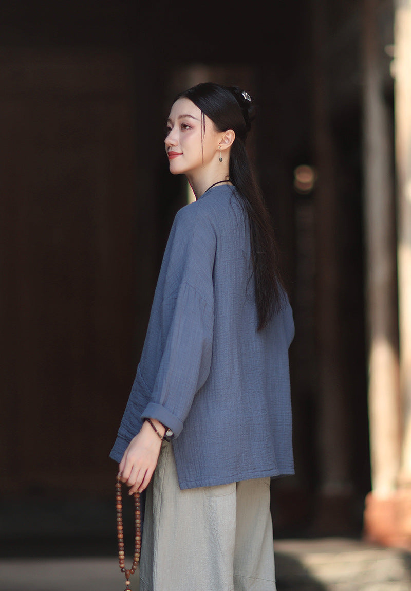 100% Cotton Women Hanfu Shirt with Chinese Traditional Buttons & Pockets 251016w