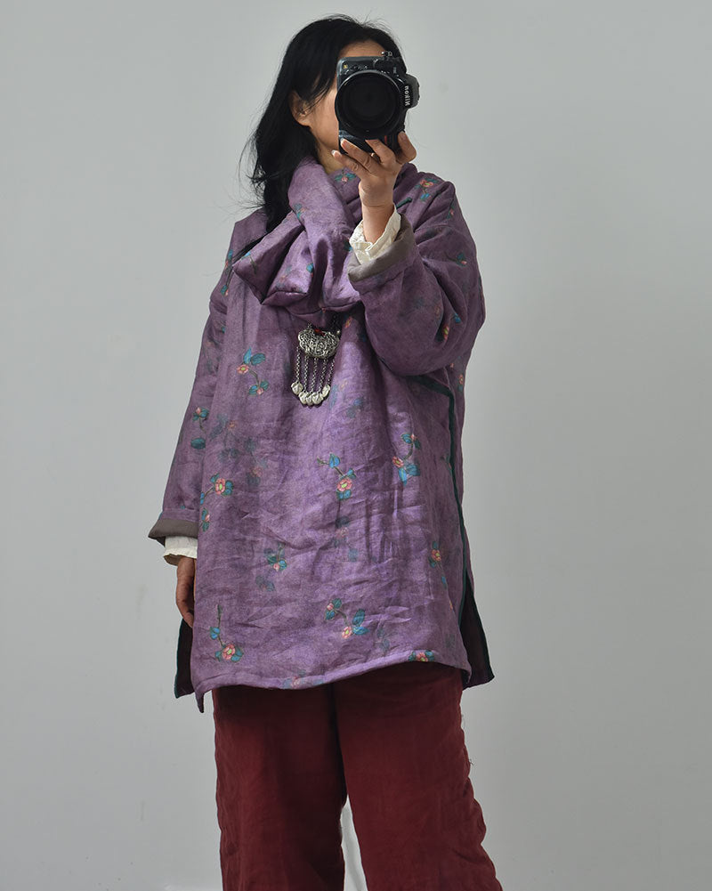 Linen Cotton Women Quilted Chinese Long Tunic with Vintage Print and Traditional Buttons, Linen Cotton Scarf Set 231919t