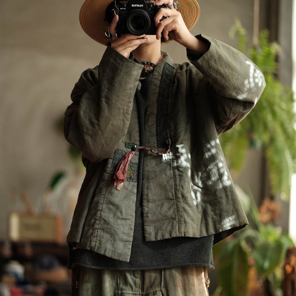 100% Linen Women Quilted Jacket with Front Tie in Hanfu Style, Chinese style Hanfu 250908a