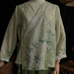 100% Ramie Linen Vintage Chinese Women Shirt with Vintage Floral Print, Linen women Skirt set 241711s