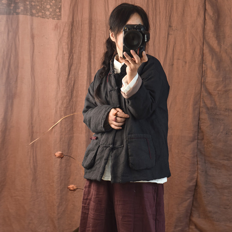 100% Linen Autumn Winter Women Quilted Jacket with Handsewing Details in Hanfu Style 250902a